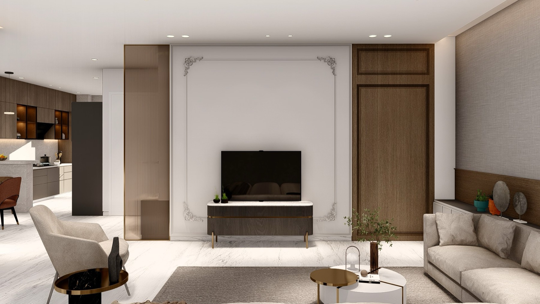 Living lobby of Agarwal Mansion with panelled TV wall, fluted bronze glass screen and marble floor — design visualisation