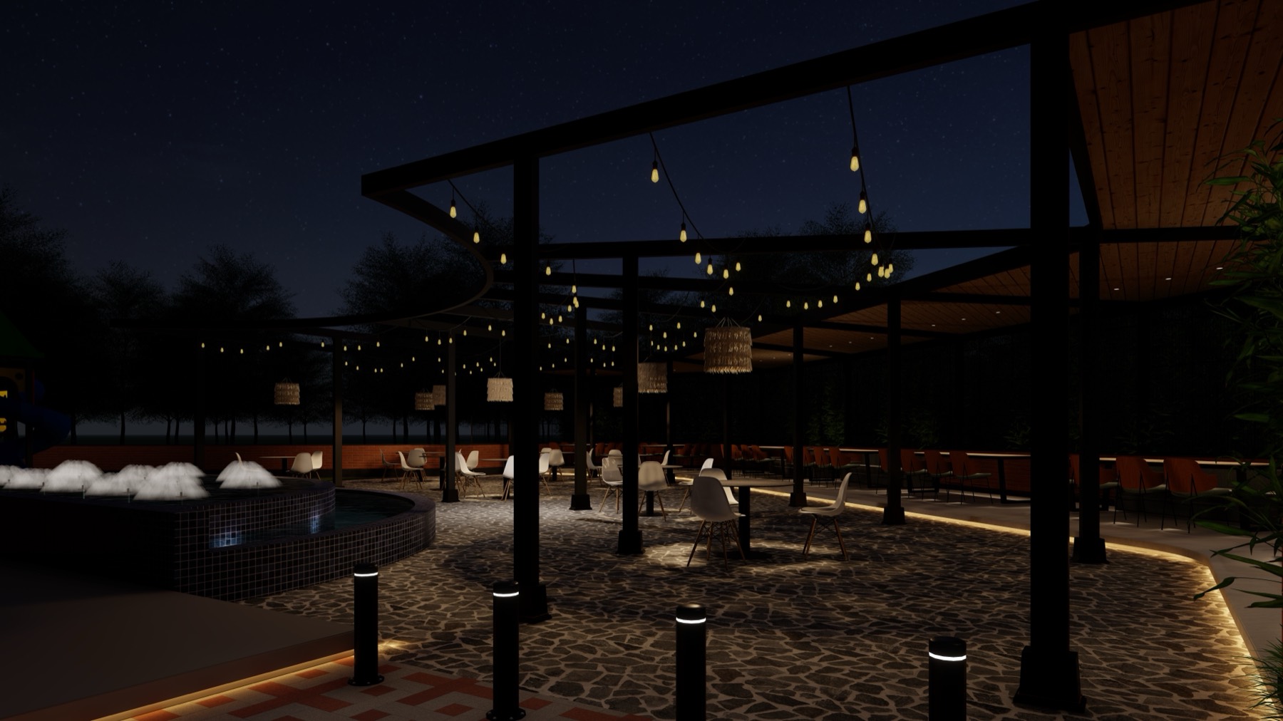 Night courtyard at Milan's with festoon-lit pergolas, mosaic fountain and open-air dining — design visualisation